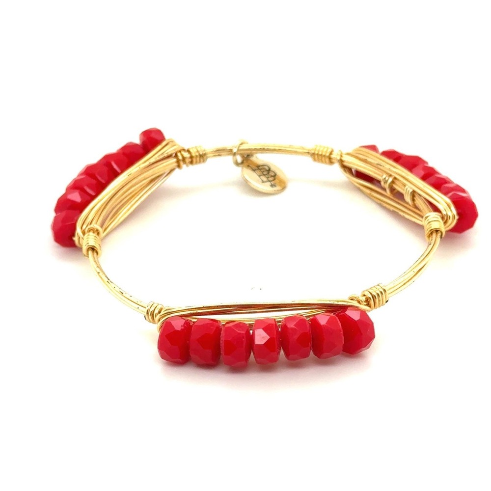 Bourbon and Boweties Red Faceted Bead Gold Wire‎ Wrapped Bangle Bracelet 7.5in